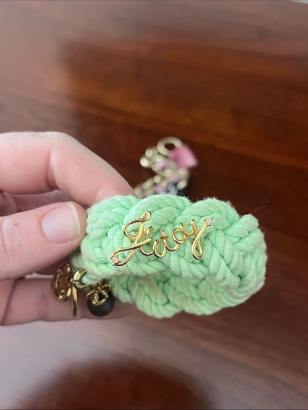 Set of Two Juicy Couture Bracelets - Pink Ribbon Chain & Mint Braided